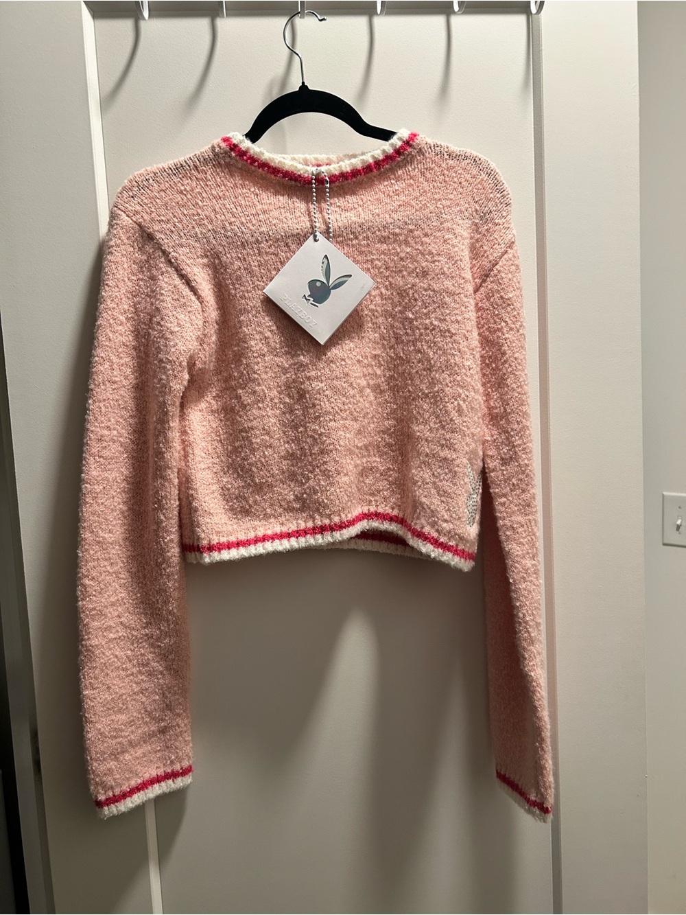 Playboy Bunny Pink Fuzzy Cropped Knit Sweater Rhinestone Bunny Y2K